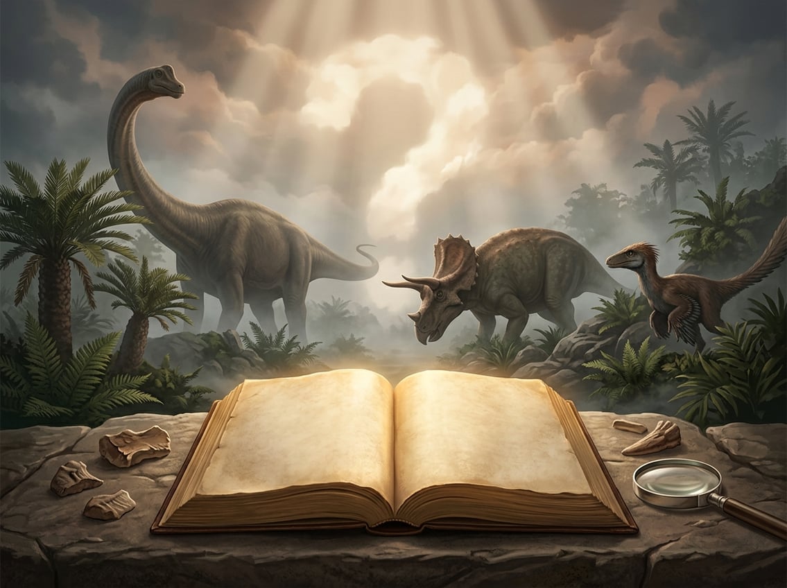 An open Bible beside fossil fragments, with scientifically depicted dinosaurs visible in a misty prehistoric landscape.