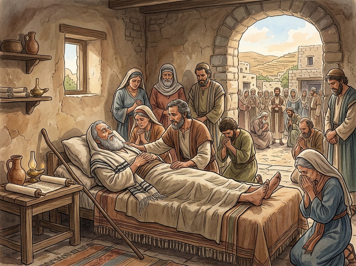 The elderly prophet Samuel rests peacefully on his deathbed while mourners gather around him in an ancient Israelite home.
