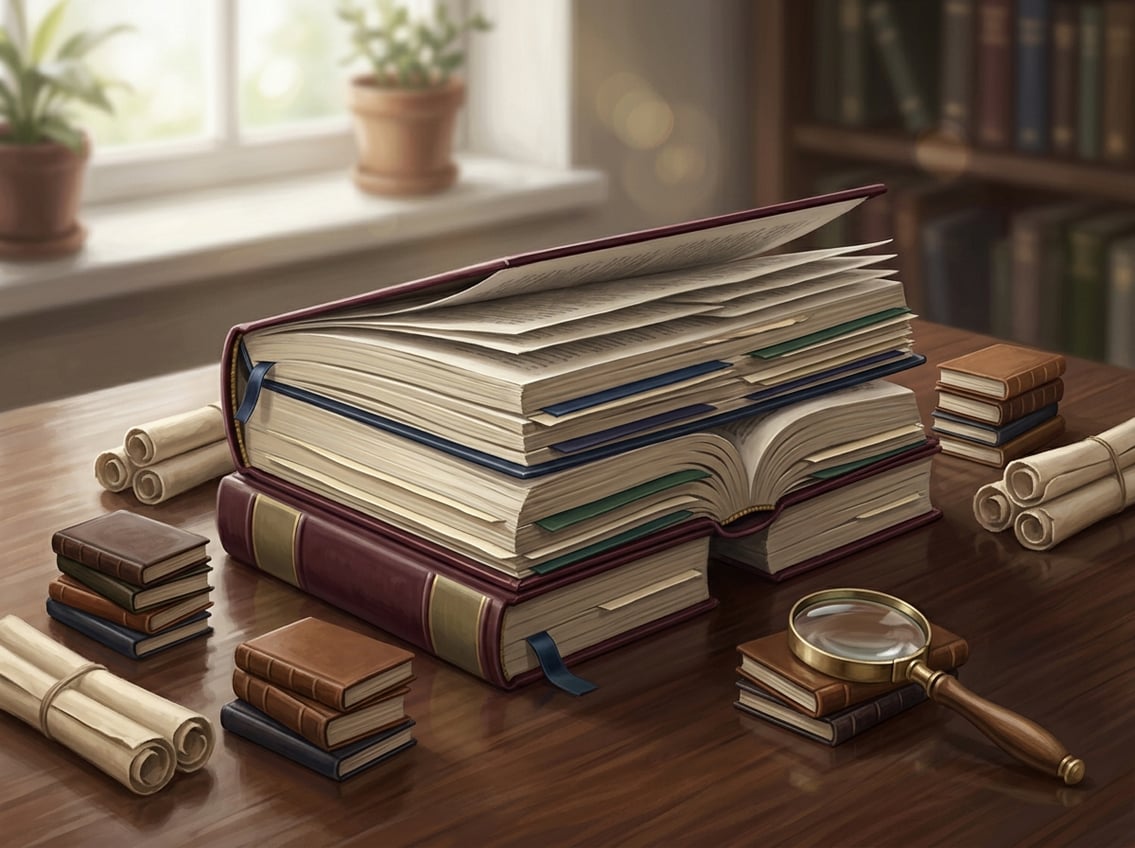 An open Bible surrounded by separate stacks of books and divided page sections on a wooden table.