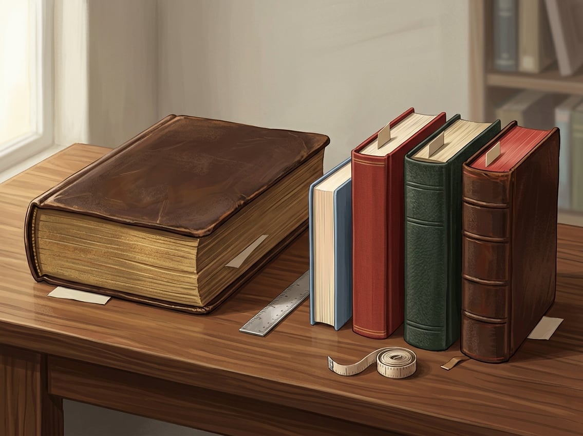 Several Bible editions of different sizes sit on a desk beside a ruler, illustrating that their page counts can vary.
