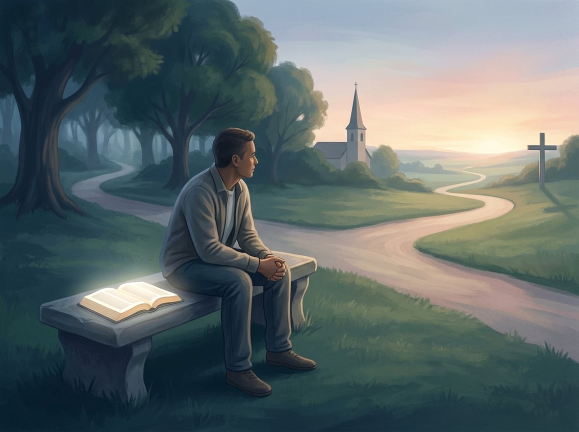 A person sits thoughtfully beside an open Bible on a bench at dawn, facing a peaceful landscape with paths leading toward shadow and light.