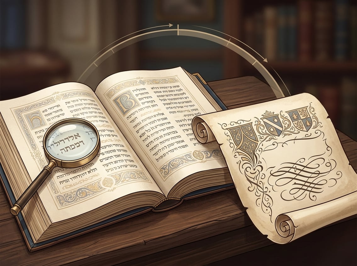 An open ancient Bible beside a medieval parchment scroll, with reference materials suggesting an investigation into the name Tristan.