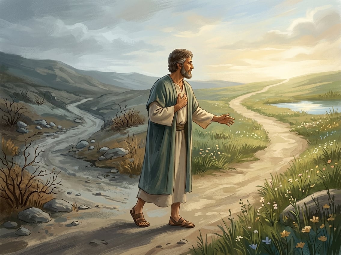 A person turns from a dark, barren path toward a sunlit path leading through a green landscape.