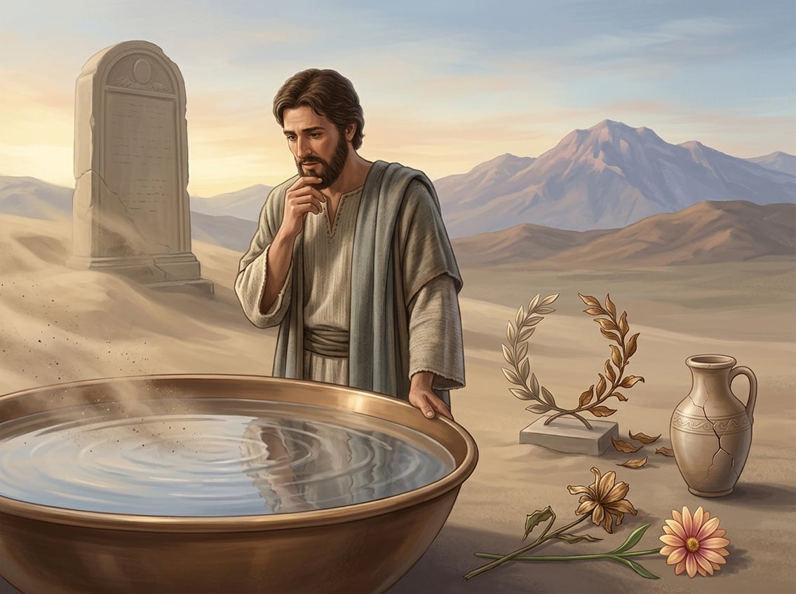 A contemplative biblical-era figure gazes at a fading reflection beside symbols of temporary wealth and achievement, with mountains and a sunrise in the background.