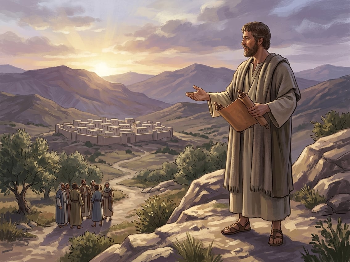 A robed prophet stands on a rocky hillside at dawn, addressing a small group of people below.