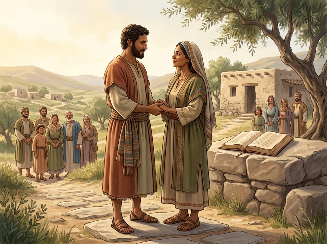A couple stands together with joined hands in a peaceful biblical-era setting, surrounded by subtle signs of faith, home, and community.