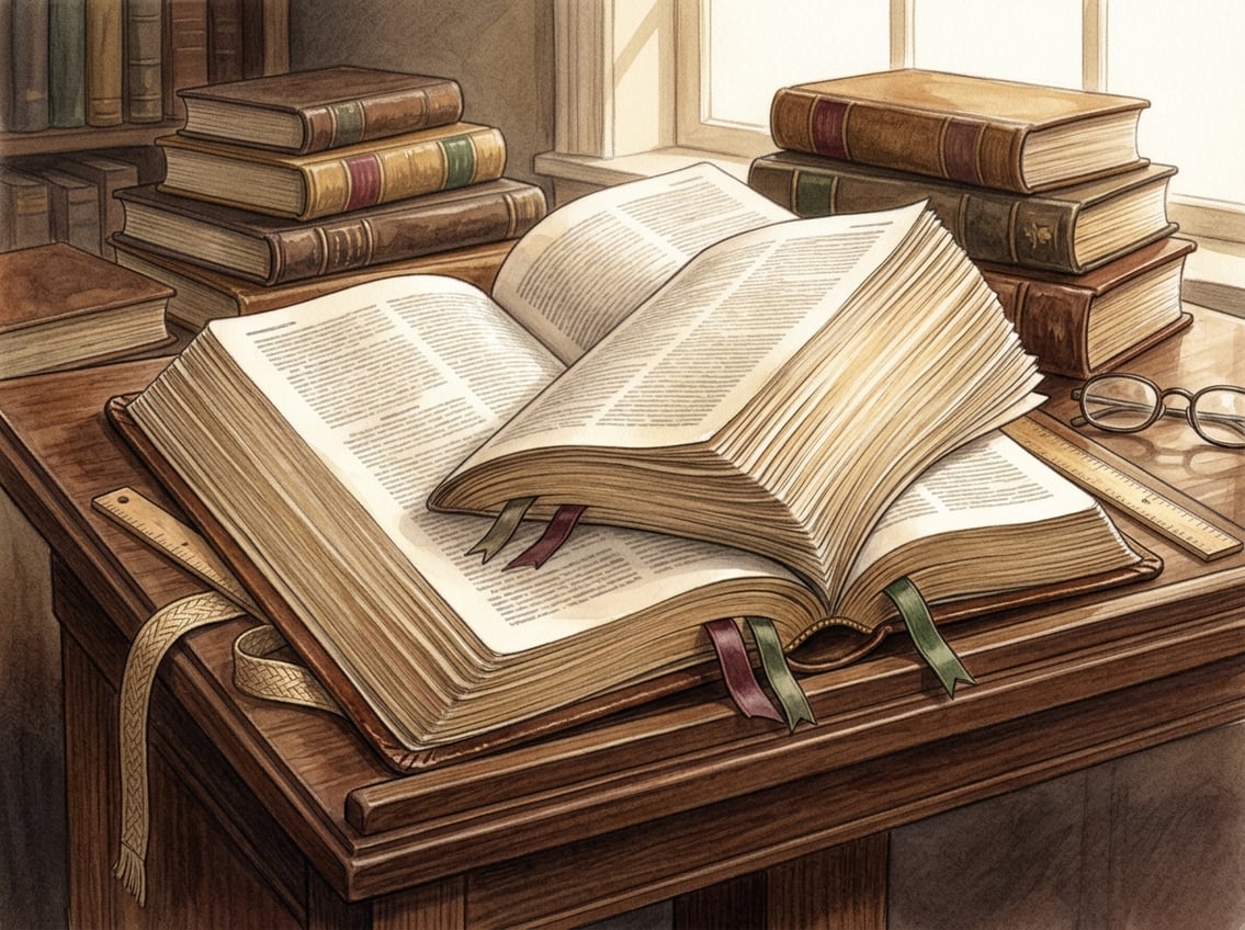 An open Bible on a lectern with one thick book section visibly longer than the others, beside stacked volumes and a measuring ribbon.