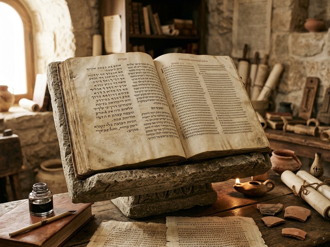An ancient open manuscript rests on a stone lectern beside scrolls, ink, and historical writing materials.