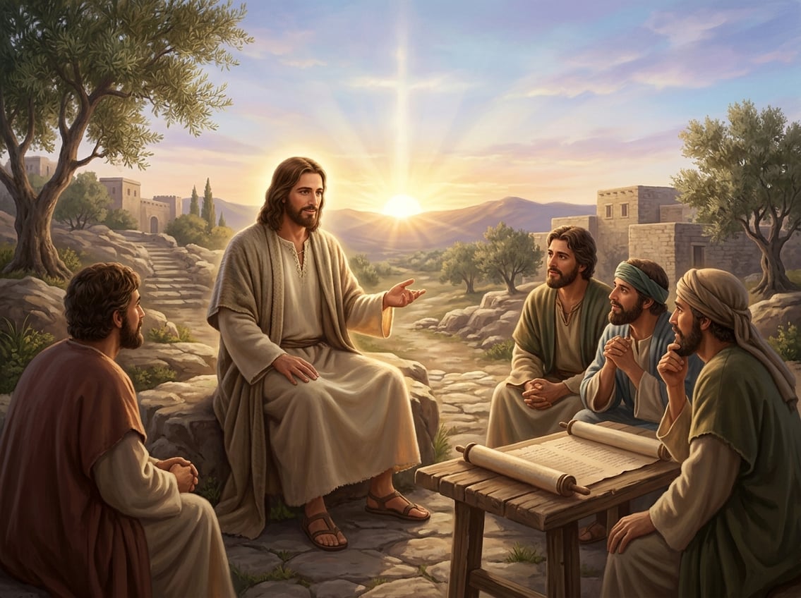Jesus stands among his disciples in an ancient Judean landscape, illuminated by warm light beside an open book.