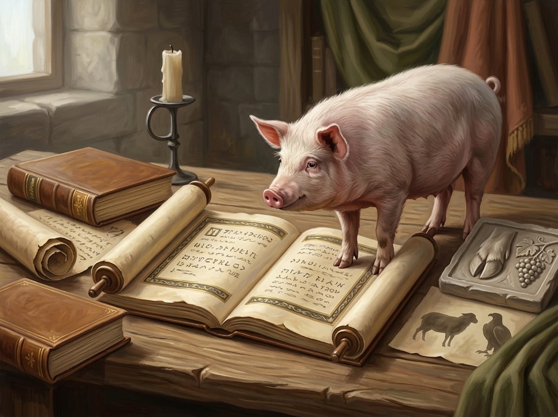 An open Bible rests on a wooden table beside a pig, symbolizing biblical dietary laws.