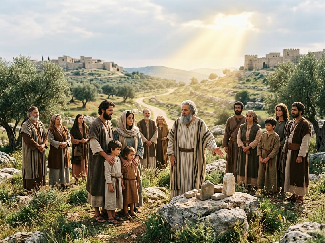 A diverse biblical-era family and community stand together in a sunlit landscape beside memorial stones, symbolizing Israel’s ancestry, covenant, and faith.