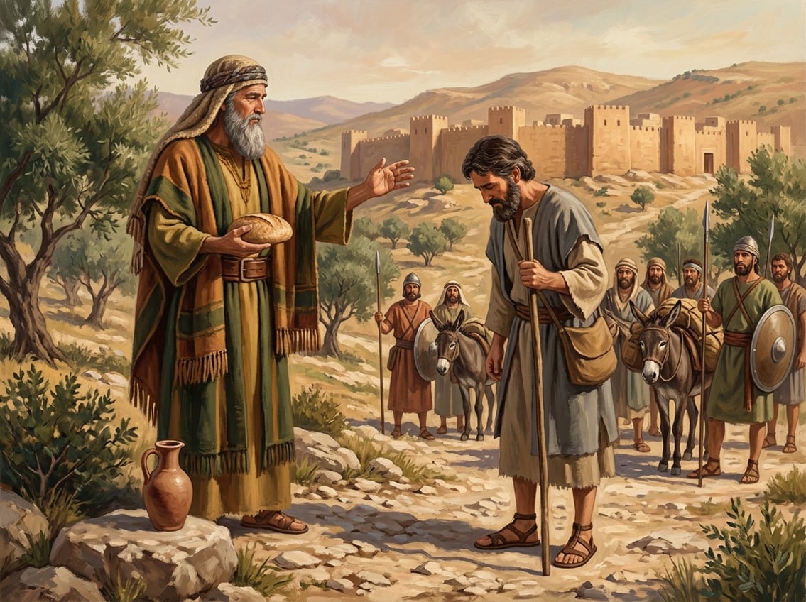 Melchizedek blesses Abraham outside the ancient city of Salem while holding bread and wine.