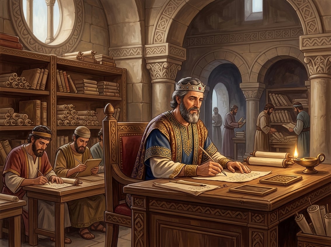 King Solomon writes on a parchment scroll in an ancient study while scribes organize additional scrolls nearby.